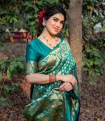 Teal Silk Blend Golden Zari Woven Border Saree With Unstitched Blouse Piece