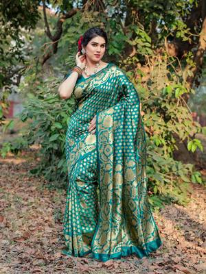 Teal Silk Blend Golden Zari Woven Border Saree With Unstitched Blouse Piece 2