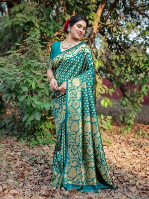 Teal Silk Blend Golden Zari Woven Border Saree With Unstitched Blouse Piece 3