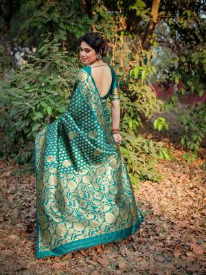 Teal Silk Blend Golden Zari Woven Border Saree With Unstitched Blouse Piece 4