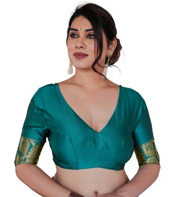 Teal Silk Blend Golden Zari Woven Border Saree With Unstitched Blouse Piece 5