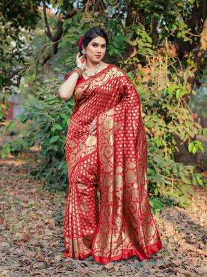 Red Silk Blend Golden Zari Woven Border Saree With Unstitched Blouse Piece 2