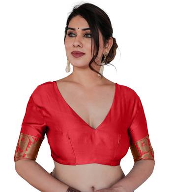 Red Silk Blend Golden Zari Woven Border Saree With Unstitched Blouse Piece 5