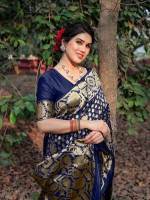 Navy Blue Silk Blend Golden Zari Woven Border Saree With Unstitched Blouse Piece 1