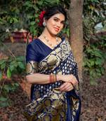 Navy Blue Silk Blend Golden Zari Woven Border Saree With Unstitched Blouse Piece