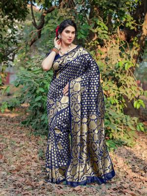 Navy Blue Silk Blend Golden Zari Woven Border Saree With Unstitched Blouse Piece 2