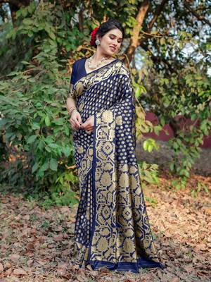Navy Blue Silk Blend Golden Zari Woven Border Saree With Unstitched Blouse Piece 3