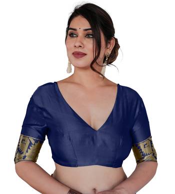 Navy Blue Silk Blend Golden Zari Woven Border Saree With Unstitched Blouse Piece 5