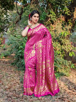 Pink Silk Blend Golden Zari Woven Border Saree With Unstitched Blouse Piece 2