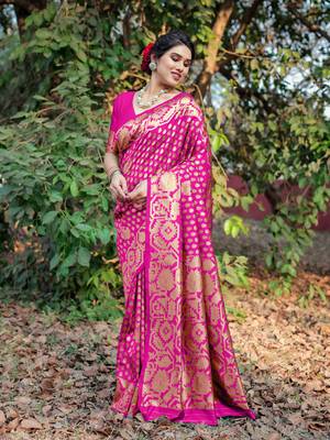 Pink Silk Blend Golden Zari Woven Border Saree With Unstitched Blouse Piece 3