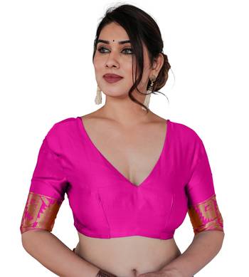 Pink Silk Blend Golden Zari Woven Border Saree With Unstitched Blouse Piece 5