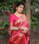 Peach Pink Silk Blend Golden Zari Woven Border Saree With Unstitched Blouse Piece