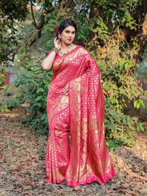 Peach Pink Silk Blend Golden Zari Woven Border Saree With Unstitched Blouse Piece 2