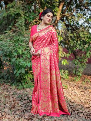 Peach Pink Silk Blend Golden Zari Woven Border Saree With Unstitched Blouse Piece 3