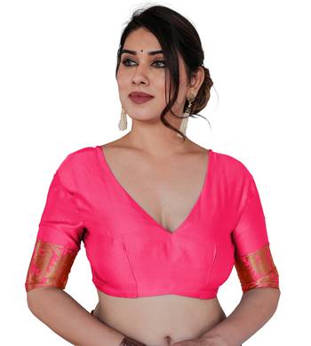 Peach Pink Silk Blend Golden Zari Woven Border Saree With Unstitched Blouse Piece 5