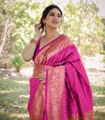 Rani Pink Silk Blend Golden Zari Woven Border Saree With Unstitched Blouse Piece