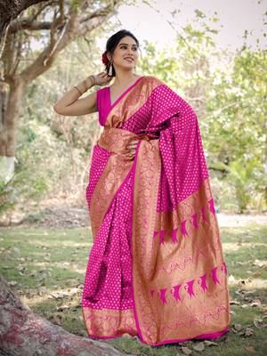 Rani Pink Silk Blend Golden Zari Woven Border Saree With Unstitched Blouse Piece 2