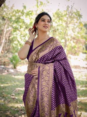 Purple Silk Blend Golden Zari Woven Border Saree With Unstitched Blouse Piece 1