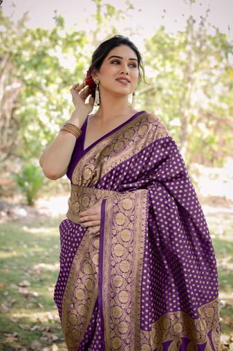 Purple Silk Blend Golden Zari Woven Border Saree With Unstitched Blouse Piece