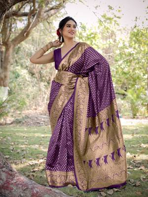 Purple Silk Blend Golden Zari Woven Border Saree With Unstitched Blouse Piece 2