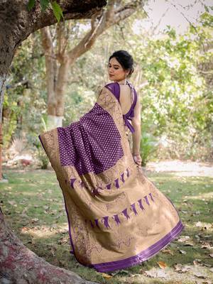 Purple Silk Blend Golden Zari Woven Border Saree With Unstitched Blouse Piece 4