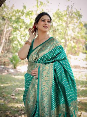 Teal silk blend golden zari woven border saree with unstitched blouse piece 1