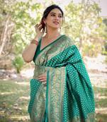Teal silk blend golden zari woven border saree with unstitched blouse piece