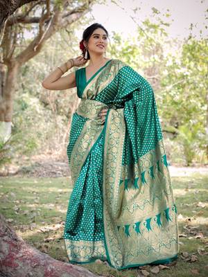 Teal silk blend golden zari woven border saree with unstitched blouse piece 2