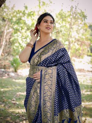 Navy Blue Silk Blend Golden Zari Woven Border Saree With Unstitched Blouse Piece 1