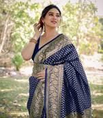 Navy Blue Silk Blend Golden Zari Woven Border Saree With Unstitched Blouse Piece