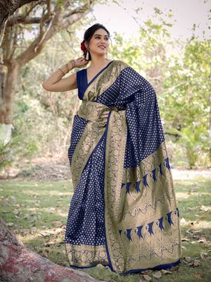 Navy Blue Silk Blend Golden Zari Woven Border Saree With Unstitched Blouse Piece 2