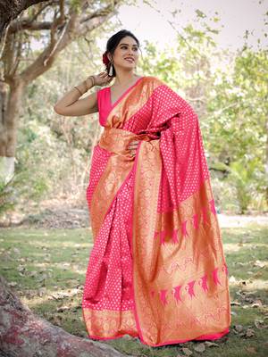 Pink Silk Blend Golden Zari Woven Border Saree With Unstitched Blouse Piece 2