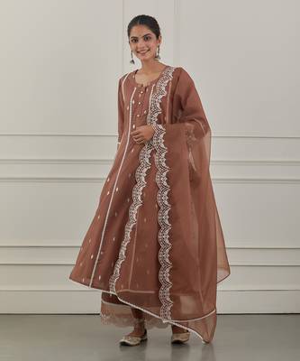 Maroon lurex cotton embroidered anarkali set 1