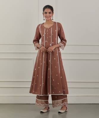 Maroon lurex cotton embroidered anarkali set 2