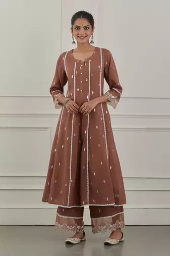 Maroon lurex cotton embroidered anarkali set