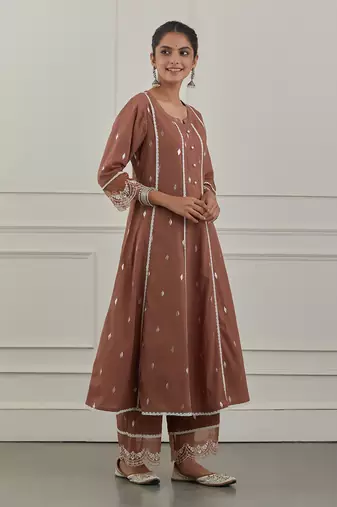 Maroon lurex cotton embroidered anarkali set