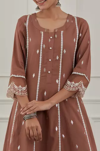 Maroon lurex cotton embroidered anarkali set