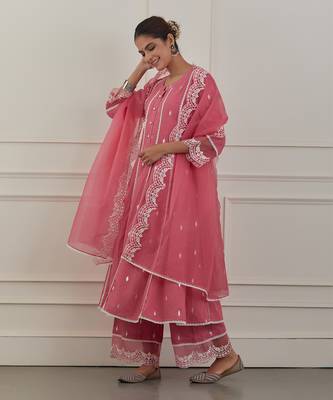 Pink lurex cotton embroidered anarkali set 1
