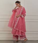 Pink lurex cotton embroidered anarkali set