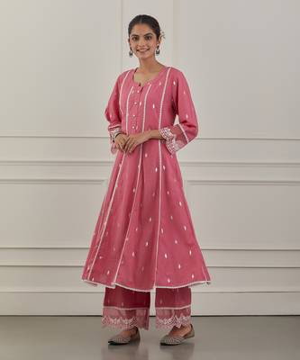 Pink lurex cotton embroidered anarkali set 2