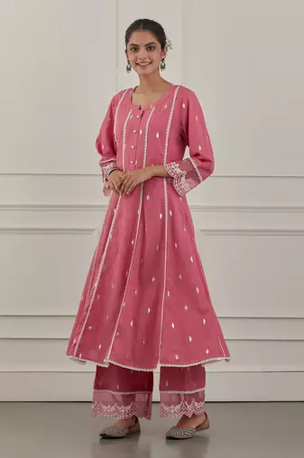 Pink lurex cotton embroidered anarkali set