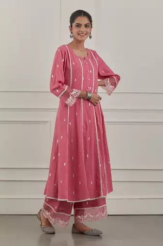 Pink lurex cotton embroidered anarkali set