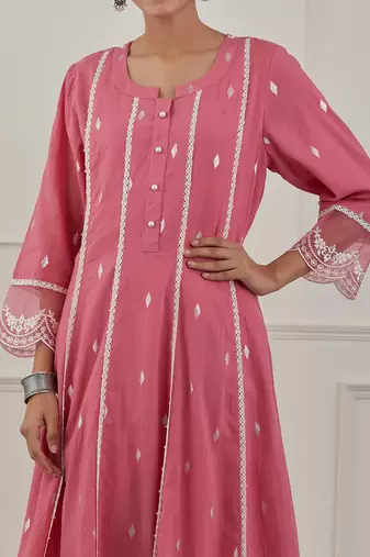 Pink lurex cotton embroidered anarkali set