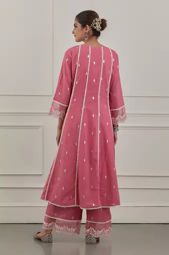 Pink lurex cotton embroidered anarkali set