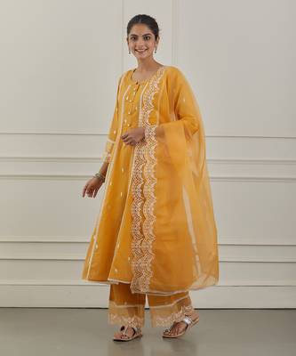Yellow lurex cotton embroidered anarkali set 1