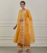 Yellow lurex cotton embroidered anarkali set