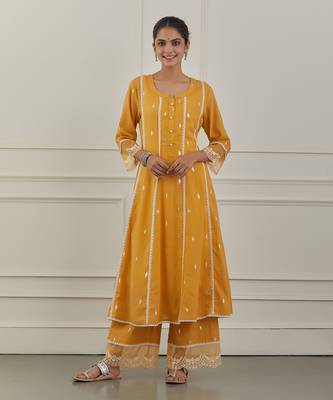 Yellow lurex cotton embroidered anarkali set 2