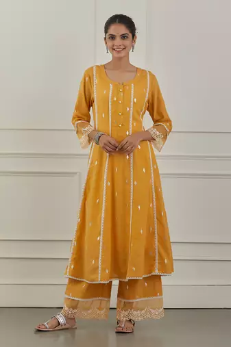 Yellow lurex cotton embroidered anarkali set