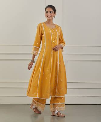 Yellow lurex cotton embroidered anarkali set 3