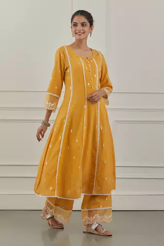 Yellow lurex cotton embroidered anarkali set
